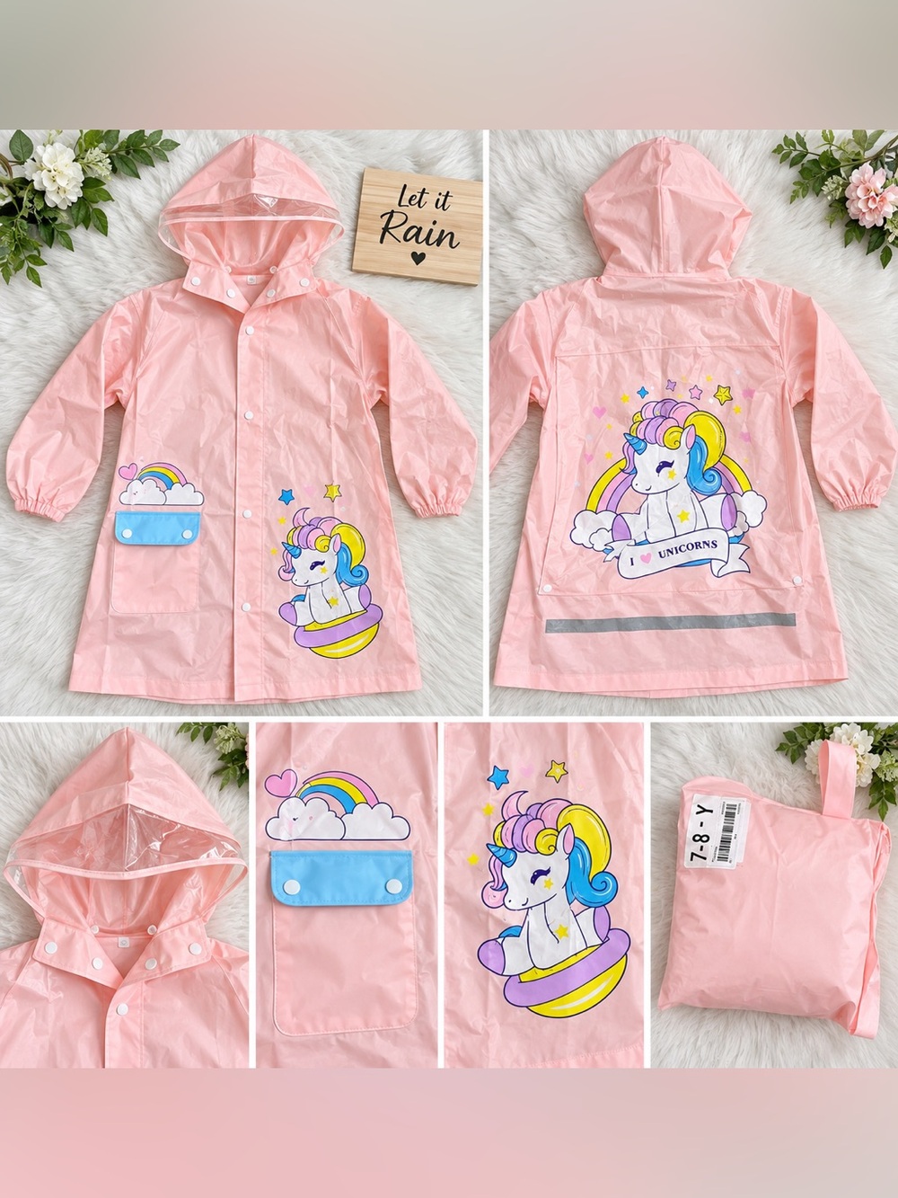 Girls Pink Unicorn Raincoat Hooded Backpack Cover Carry Pouch Kids 7-8Y